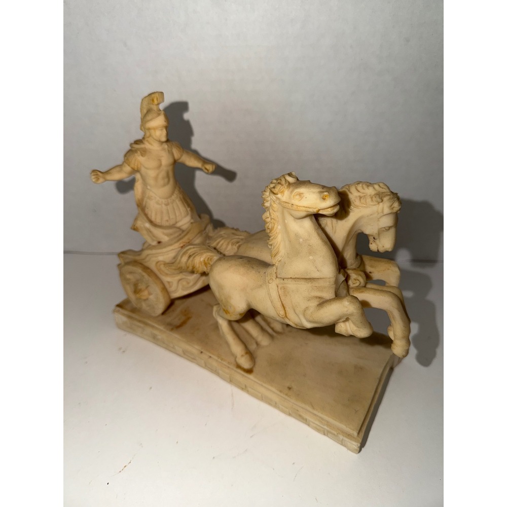 Vintage Roman Chariot Statue Gladiator Horses Rearing Resin Alabasta Sculpture